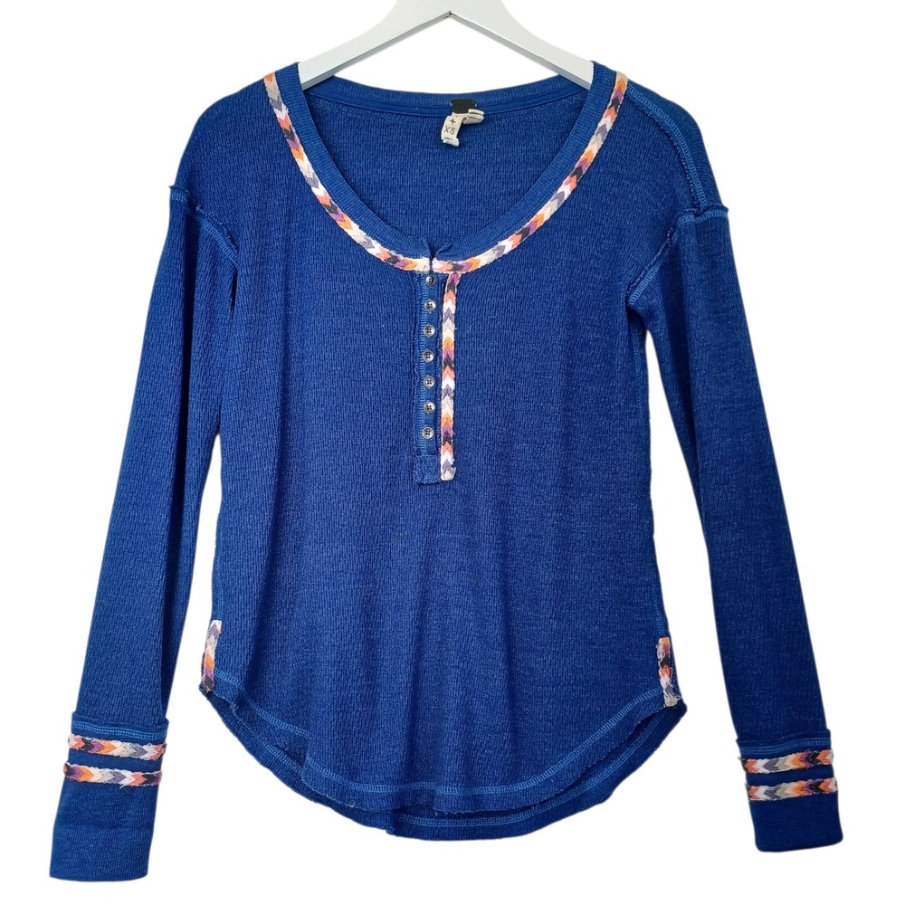 We The‎ Free Free People Blue Thermal Henley Waffle Knit Braided Trim Top XS